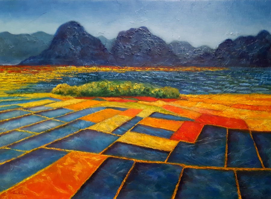 LES RIZIÈRES ARLEQUIN<br>
Huile sur toile et collages papier de soie,<br>
73 x 54 cm<br>
2024