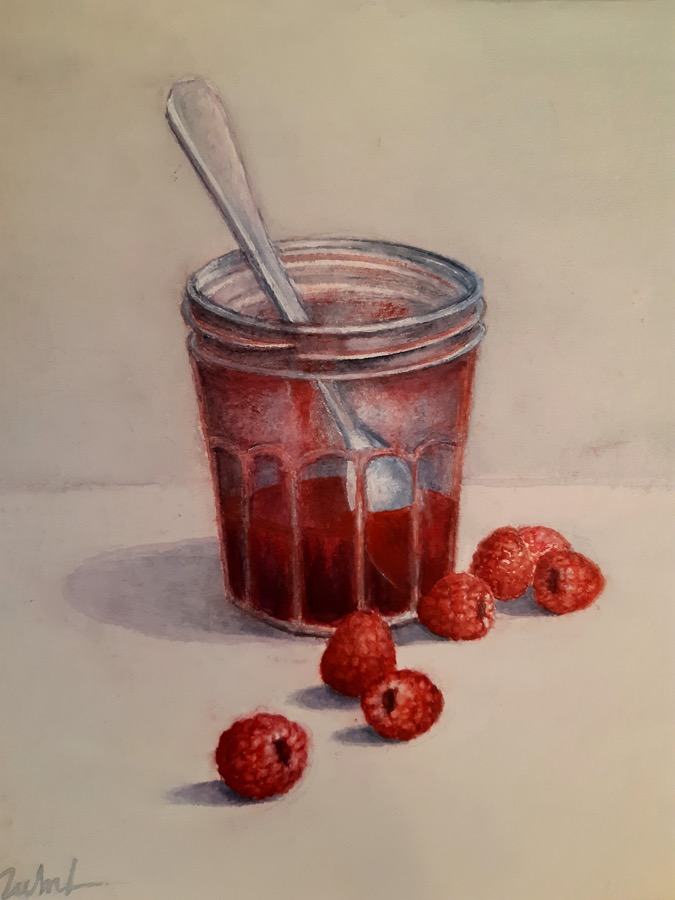 LES FRAMBOISES<br>
Aquarelle, sous verre, 26 x 22 cm<br>
2021 - Collection particuli&egrave;re