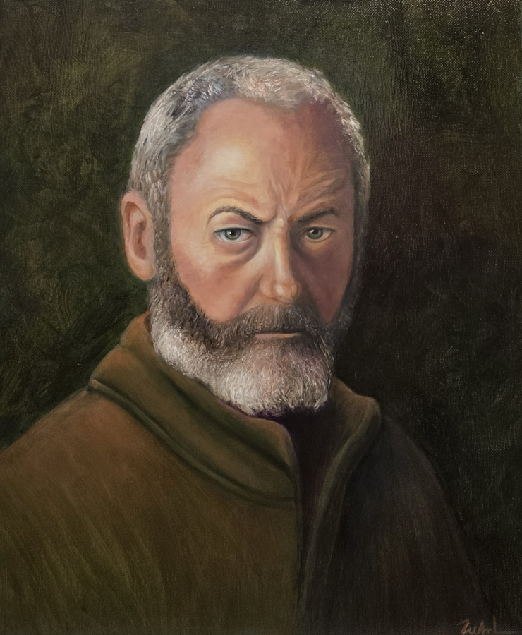 Liam Cunningham, dans le r&ocirc;le de Sir Davos<br>
Huile sur toile, 46X38 cm, 2026
Collection personnelle